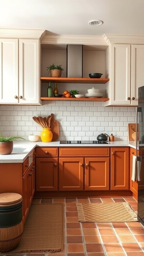 A kitchen featuring terracotta lower cabinets and linen white upper cabinets, with natural textures and warm decor.