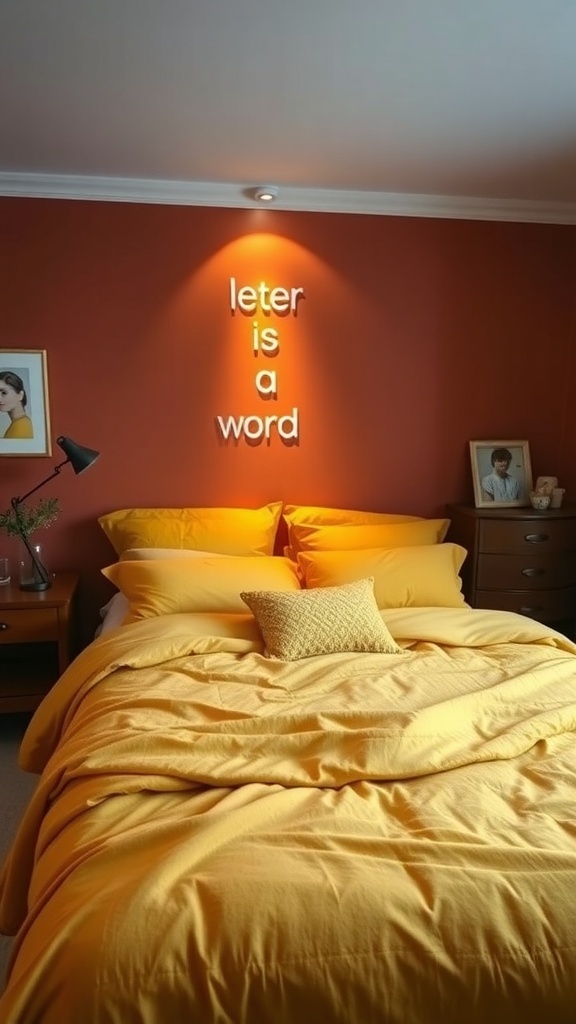 A cozy bedroom featuring a terracotta accent wall and bright yellow bedding, creating a warm and inviting atmosphere.