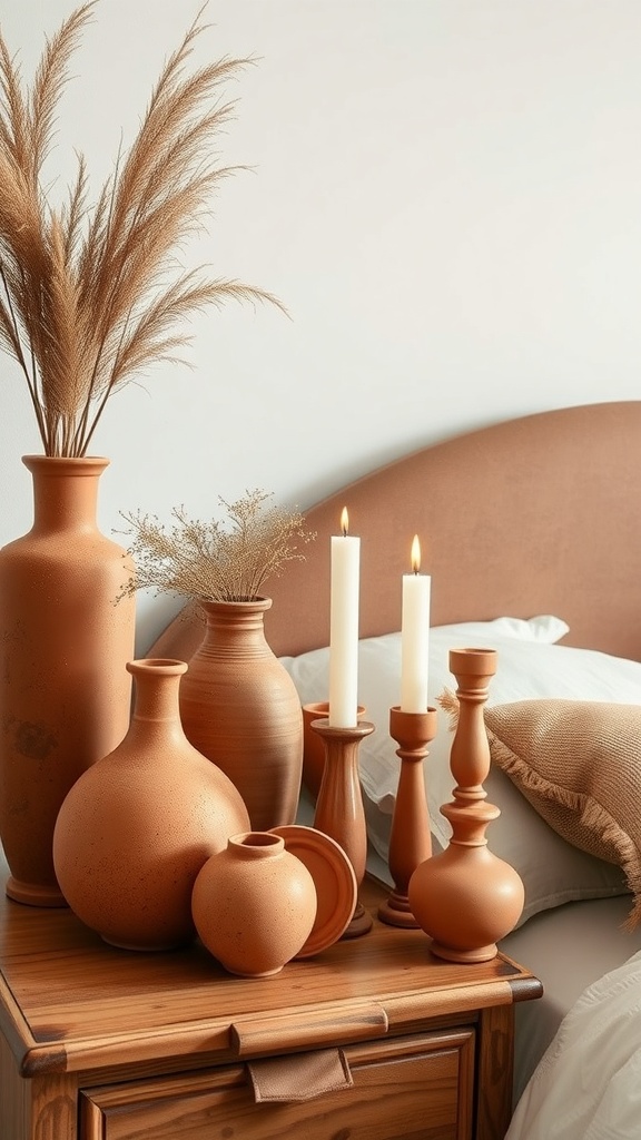 A collection of terracotta vases and candle holders on a wooden bedside table, featuring dried flowers and candles.