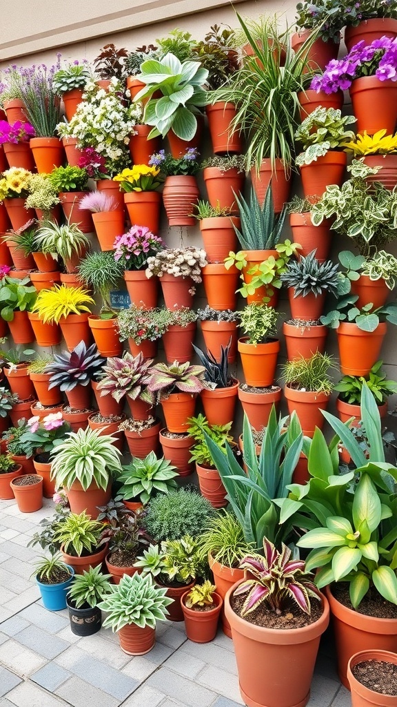 A vibrant terracotta pot wall filled with various plants and flowers, showcasing a vertical garden design.