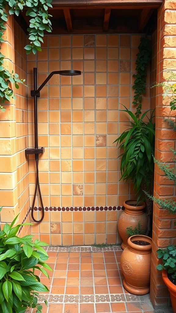 Rustic shower area with terracotta tiles and plants