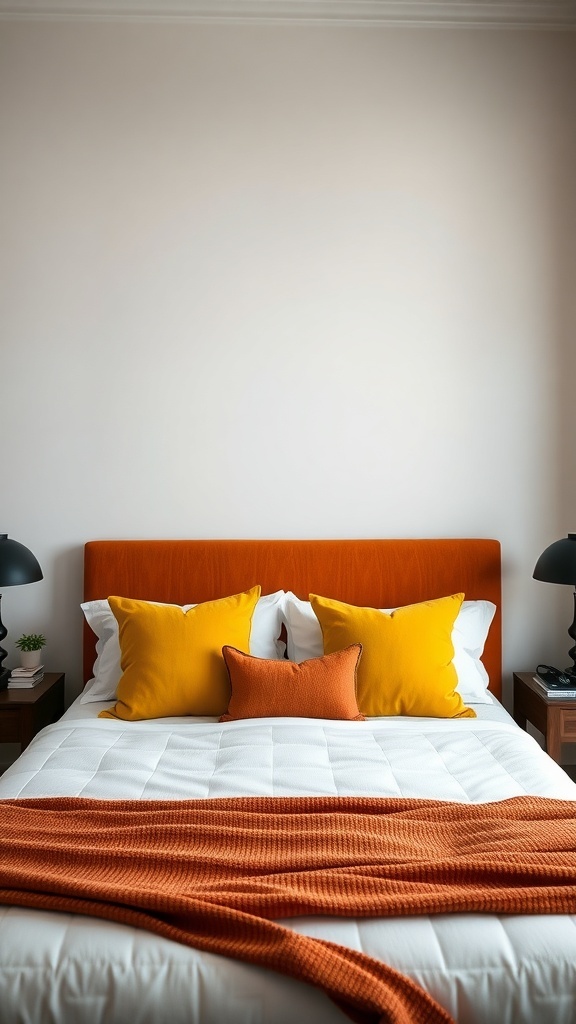 Cozy bedroom featuring a terracotta upholstered headboard with mustard pillows, white bedding, and modern nightstands.