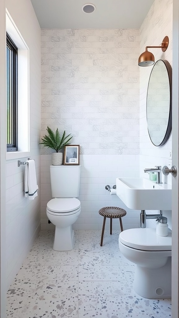 A small bathroom featuring modern terrazzo flooring with a speckled design.