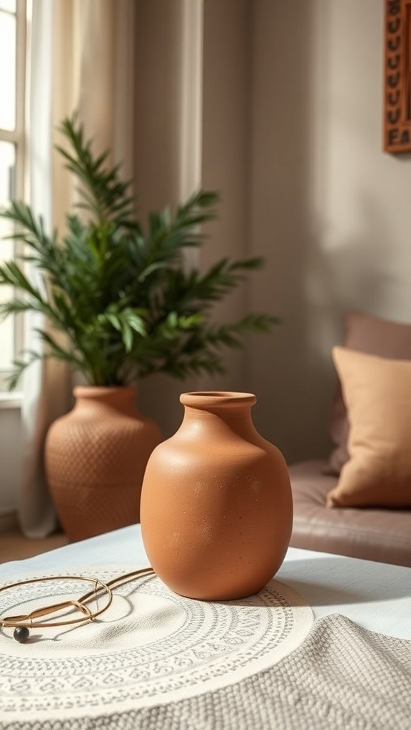 Tess Terracotta Lamp on a table with a plant in the background