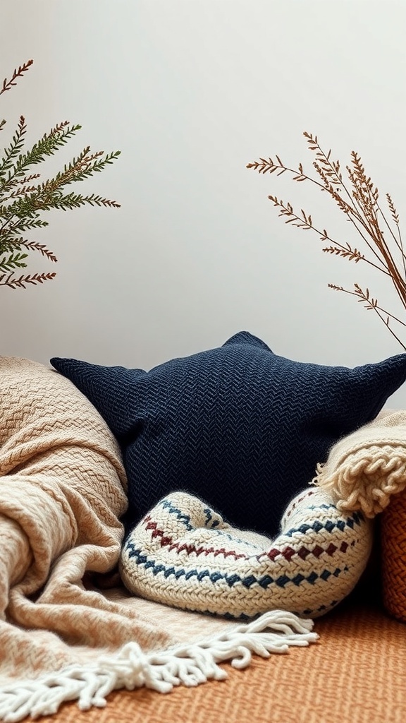Cozy reading nook with textured pillows and blankets