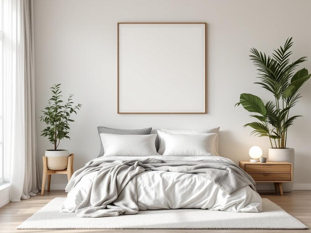Cozy minimalist bedroom with a bed, plants, and natural light.