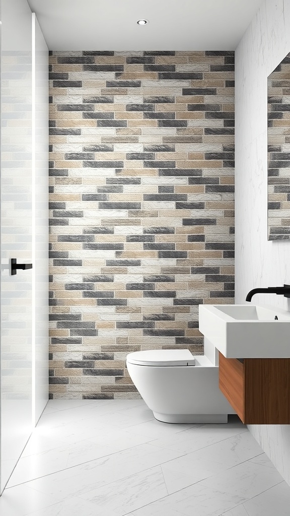 A modern bathroom featuring Vedra Sea Brick wall tiles in a herringbone pattern, with a freestanding tub and white surfaces.