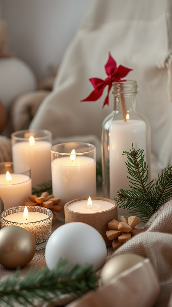 A serene arrangement of candles, greenery, and minimalist ornaments for Christmas decor.