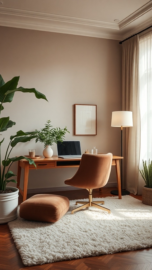 A cozy home office with a plush rug, wooden desk, comfortable chair, and plants.