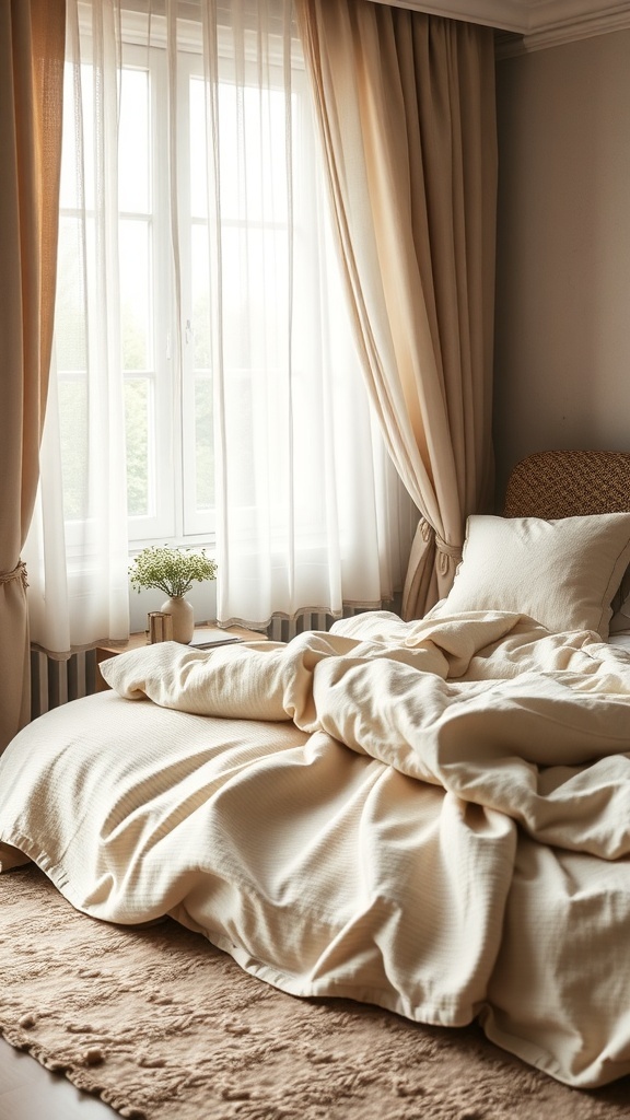 A cozy bedroom corner featuring a soft bed with cream-colored bedding and warm curtains, creating a serene atmosphere.