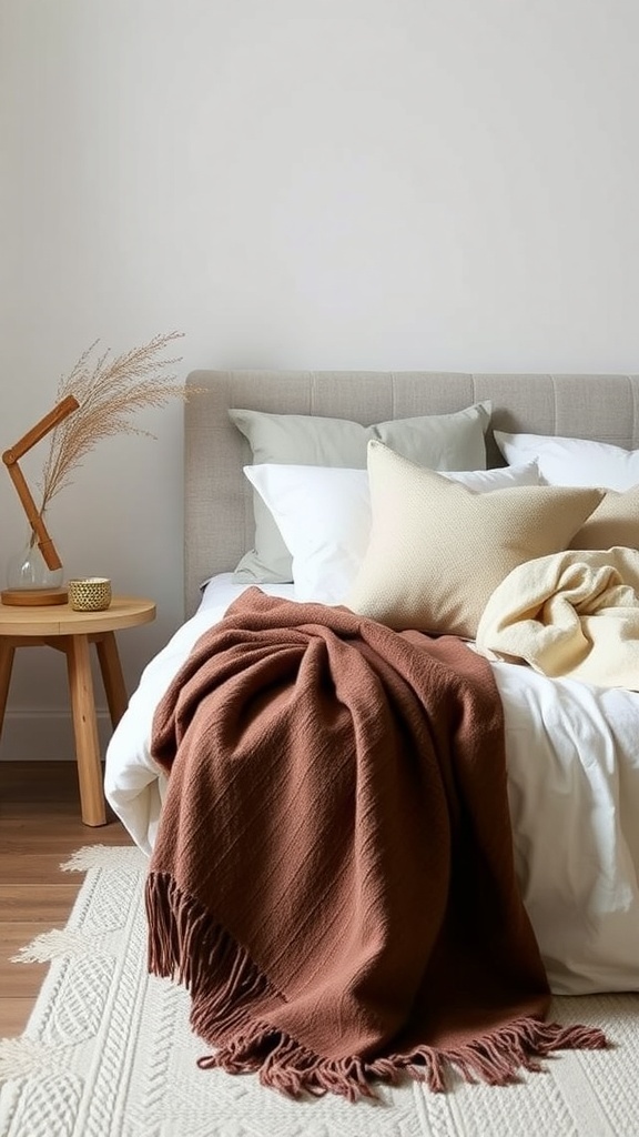A cozy Japandi-style bedroom featuring a low-profile bed with layered textiles, including a warm brown throw and soft pillows, complemented by a wooden side table.