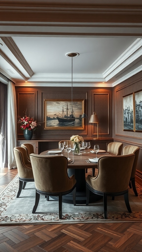 A luxurious dining room featuring velvet chairs, a wooden table, and elegant decor.