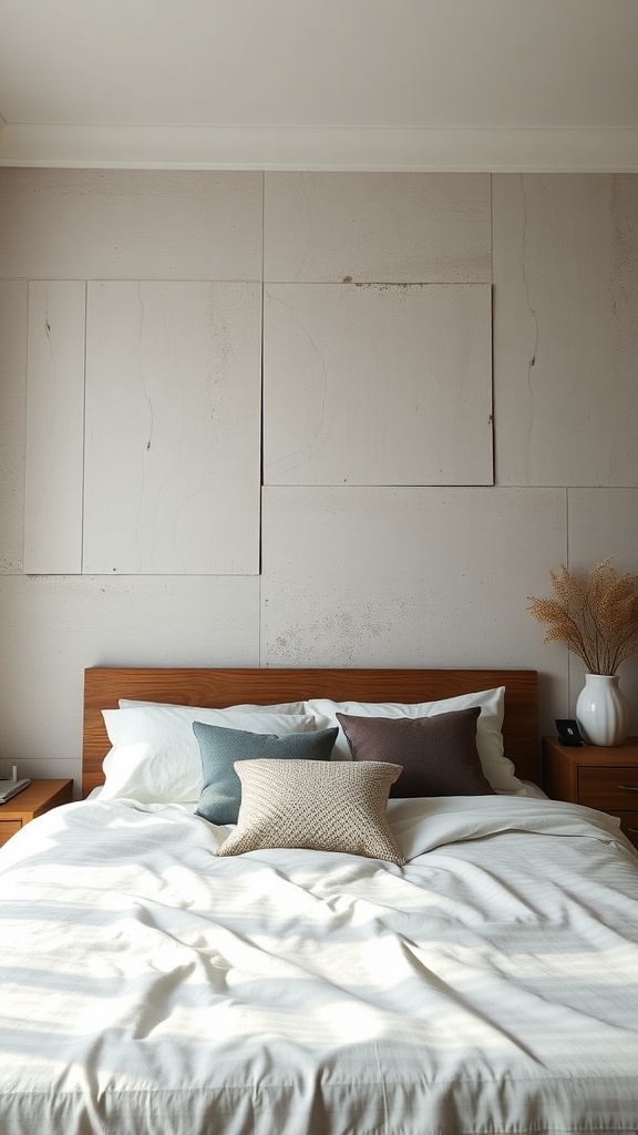 A bedroom featuring a textured accent wall with a wooden bed and cozy bedding.