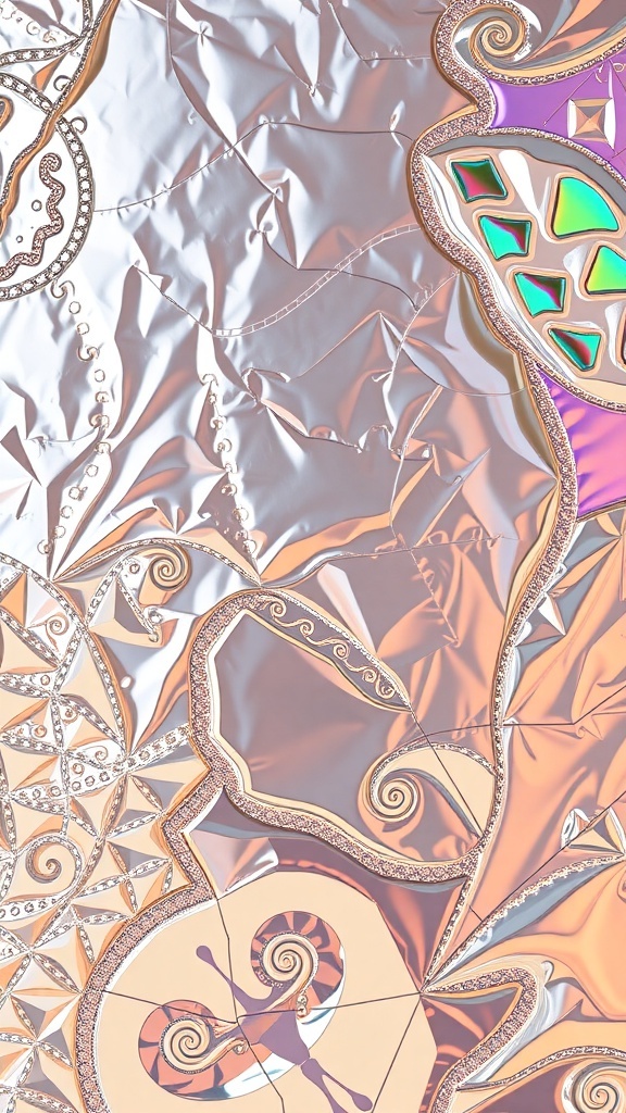 Textured aluminum foil relief art featuring intricate patterns and shiny surfaces.