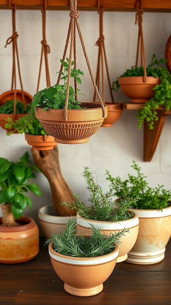 Textured terracotta hanging planters with herbs and plants