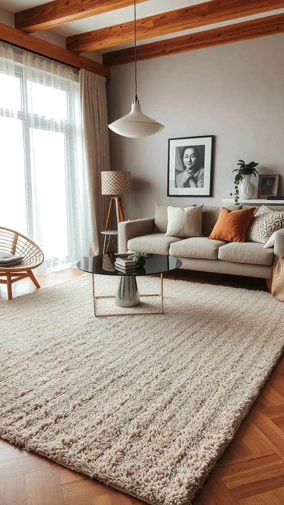 A cozy living room featuring a textured area rug, a comfortable sofa, and a stylish coffee table.