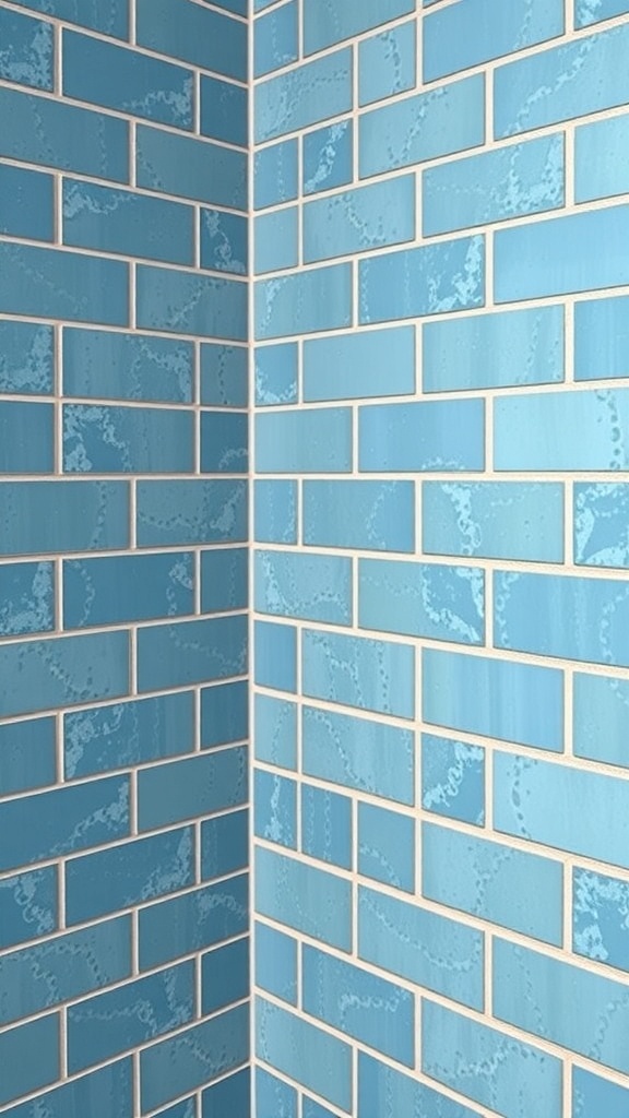 Textured blue subway tiles in a shower corner