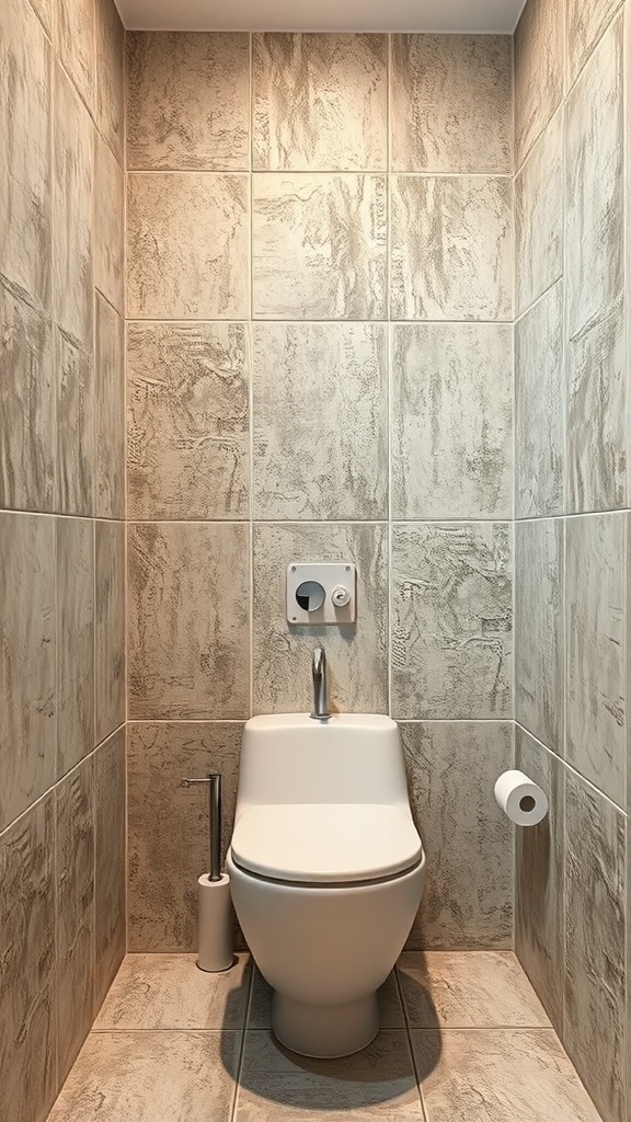 A bathroom with textured ceramic tiles on the walls and a modern toilet.