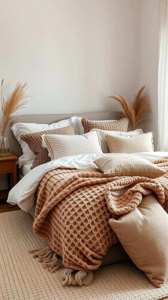 A cozy minimalist bedroom with layered textures, featuring a knitted throw, various pillows, and soft natural elements.