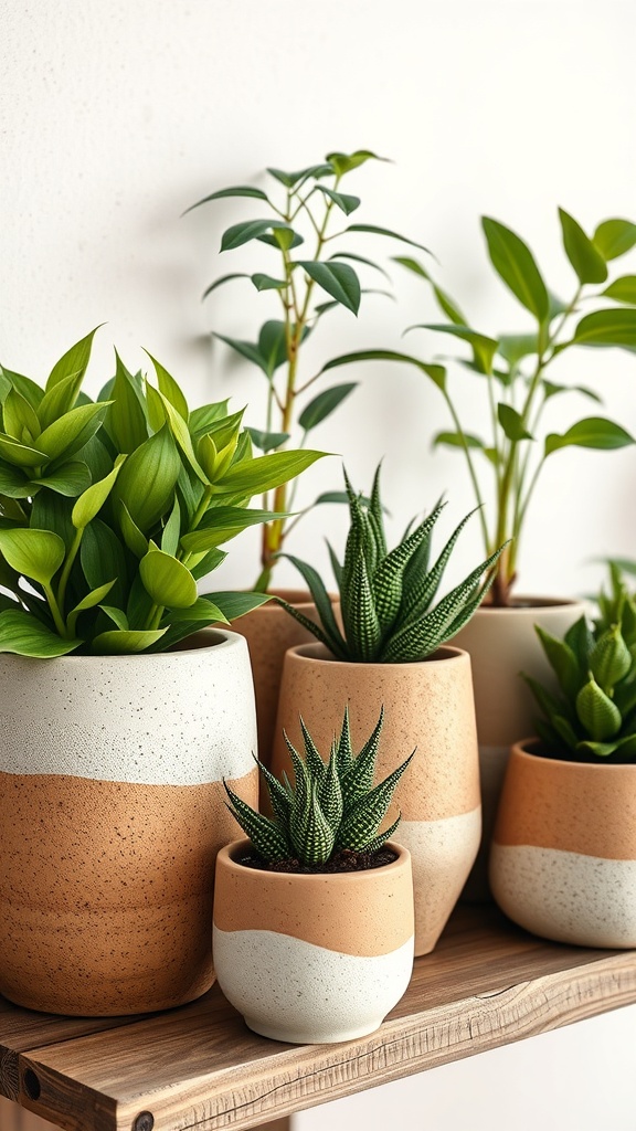 A collection of textured ceramic plant pots in earthy tones with various green plants on a wooden shelf.