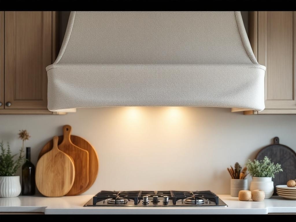 A kitchen with a fabric-wrapped vent hood, showcasing a cozy and stylish design.
