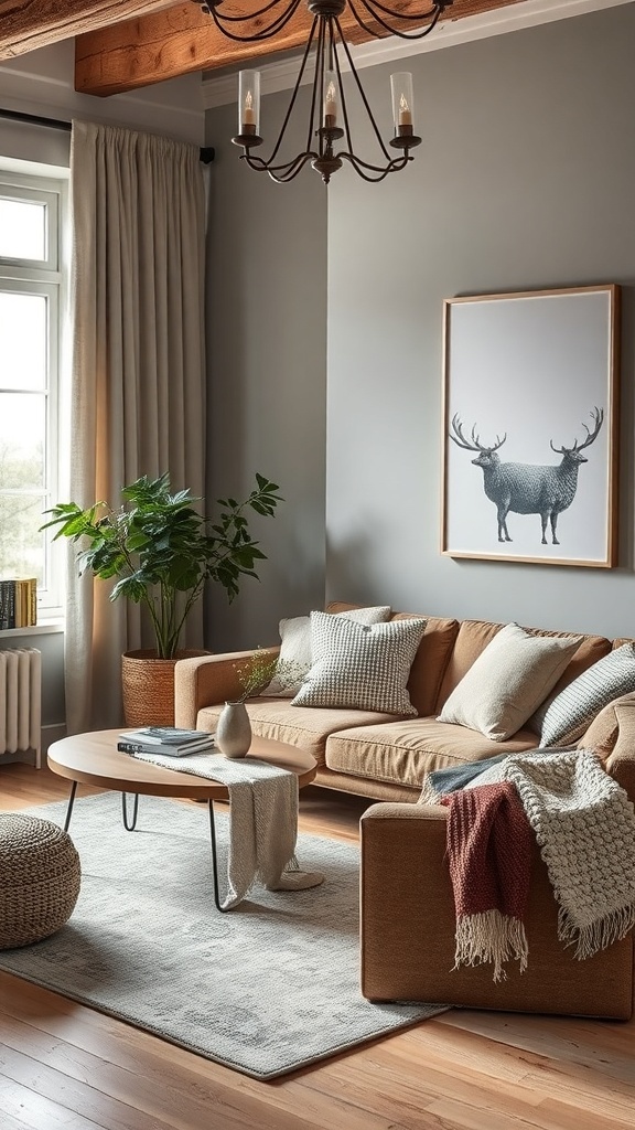 A cozy living room featuring a warm sofa with textured pillows, a natural wood coffee table, and a plant, creating an inviting atmosphere.