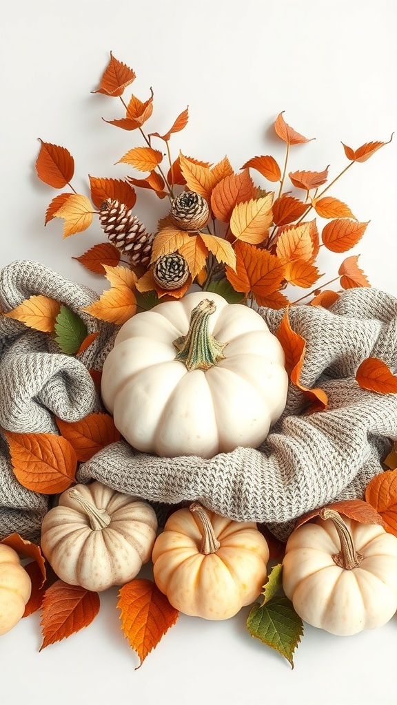 A cozy Halloween centerpiece featuring white and pastel pumpkins, autumn leaves, and pinecones arranged with a soft knit fabric.