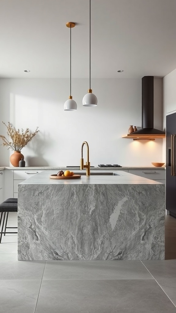 A modern kitchen island with a textured stone finish, featuring pendant lights and a sleek design.