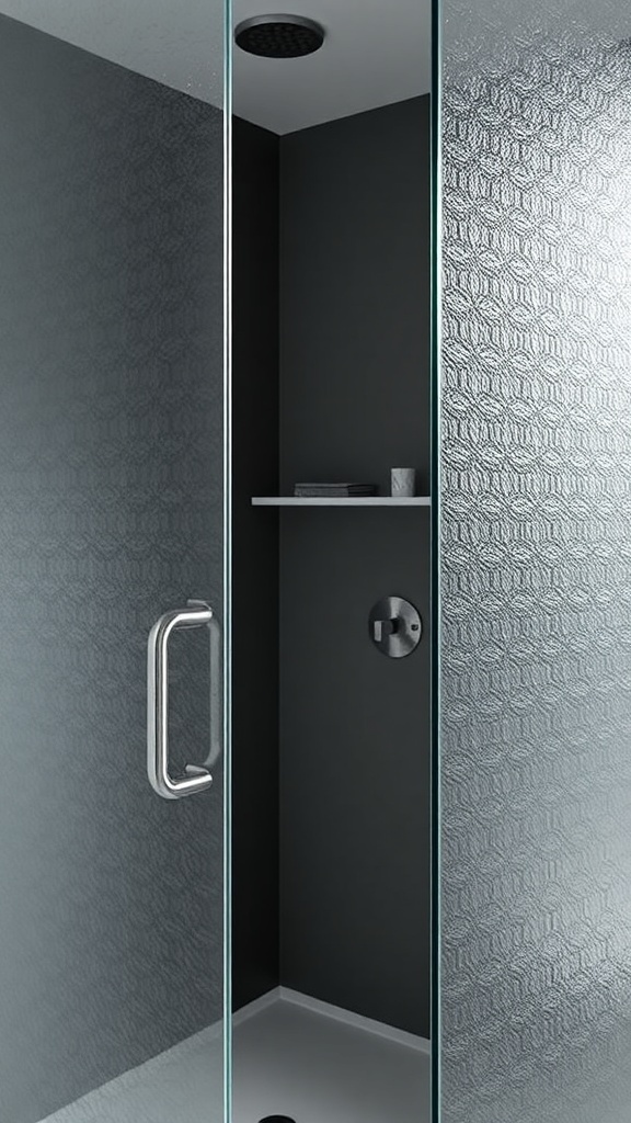 A modern shower enclosure with textured glass panels, providing privacy and style.