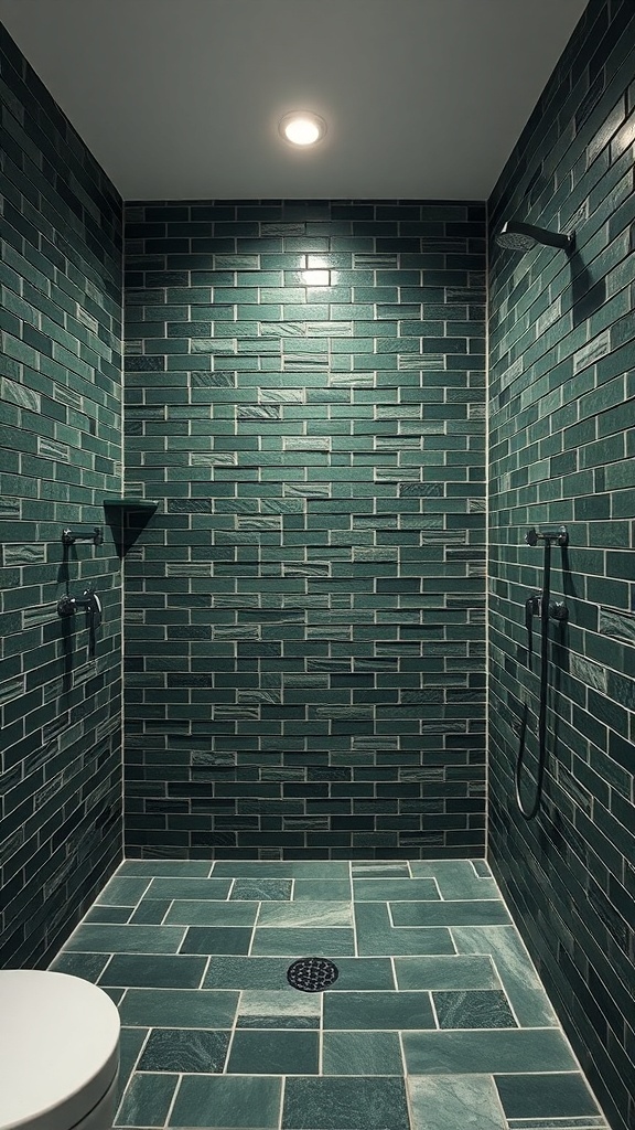 Textured dark green tiles in a modern bathroom shower