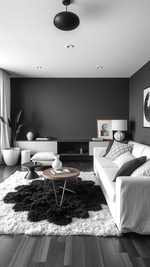 A minimalist black and white living room featuring a white sofa, a textured black and white rug, and modern decor.