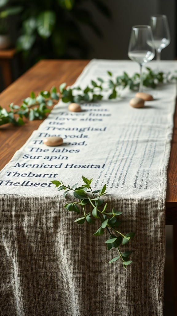 A textured linen runner on a dining table with eucalyptus leaves and decorative stones.