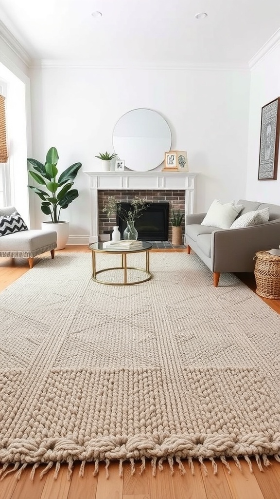 A cozy living room featuring a textured neutral rug, gray sofa, and a round coffee table.