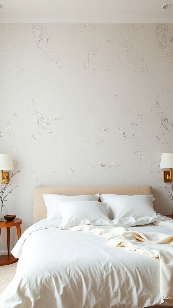 A serene bedroom featuring a textured plaster wall behind the bed, with soft bedding and warm wood accents.