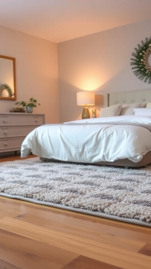 Cozy bedroom with a textured rug on wooden floor, creating a warm atmosphere.