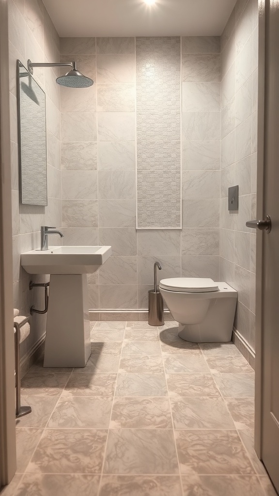 Small bathroom with textured stone-look tiles, modern fixtures, and a clean design.