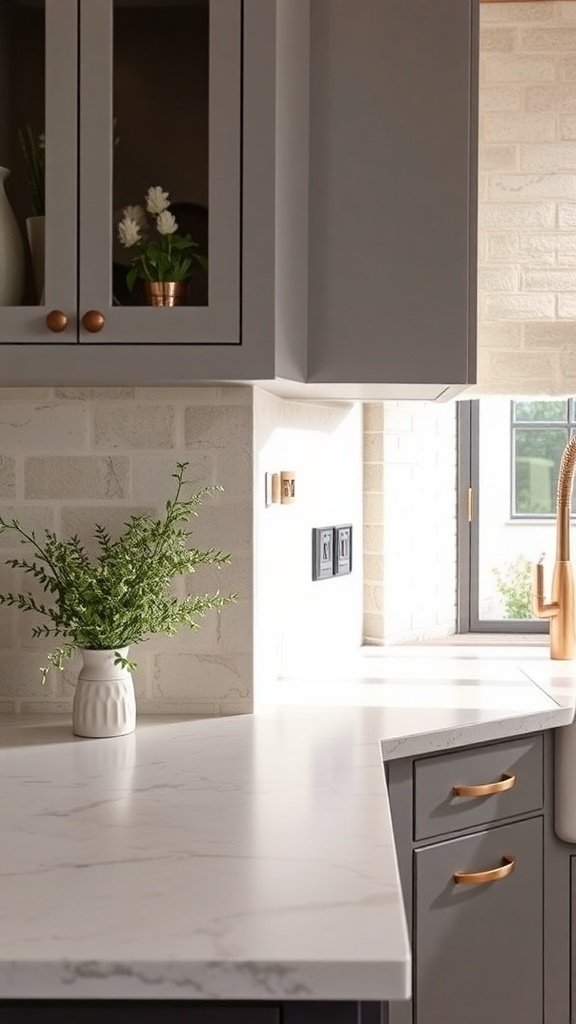 A modern kitchen with a textured stone backsplash, gray cabinets, and a marble countertop.