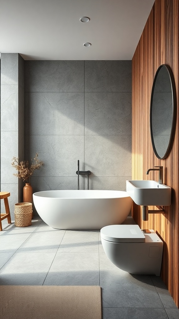 A cozy Scandinavian bathroom featuring a smooth white bathtub, wooden wall panels, and a minimalist design.