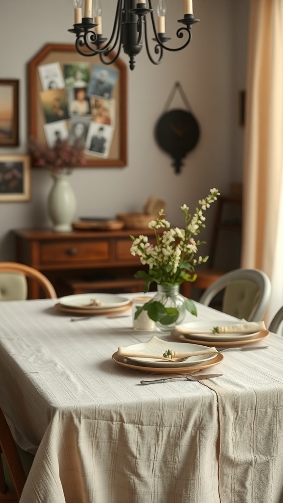 A dining table set with a textured tablecloth, plates, and a floral centerpiece, creating a warm and inviting atmosphere.