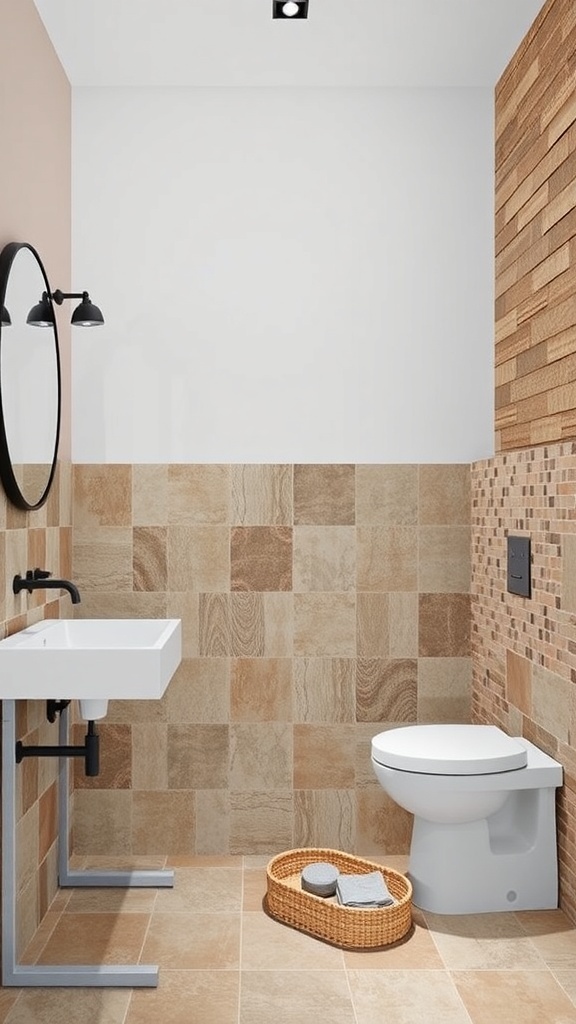 A modern bathroom featuring textured tiles and wooden wall treatments, showcasing earthy tones and a minimalist design.