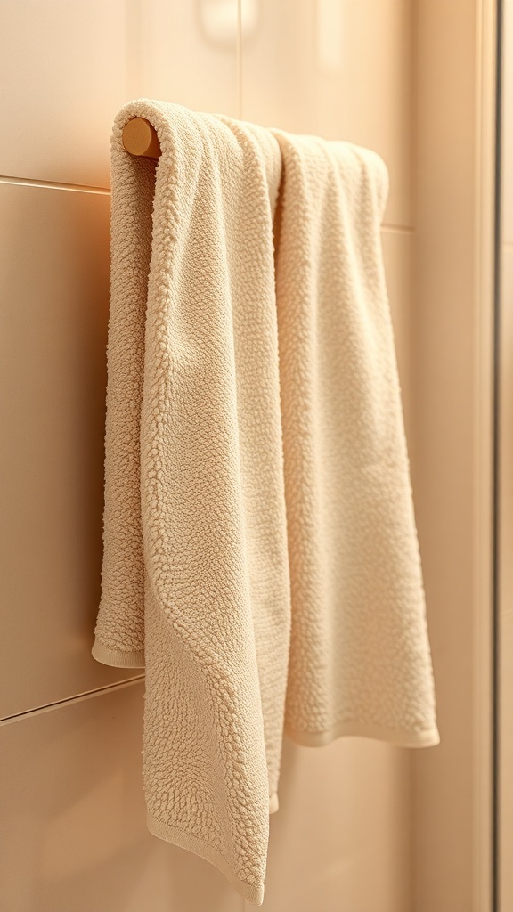 Two beige textured towels hanging on a wooden rack