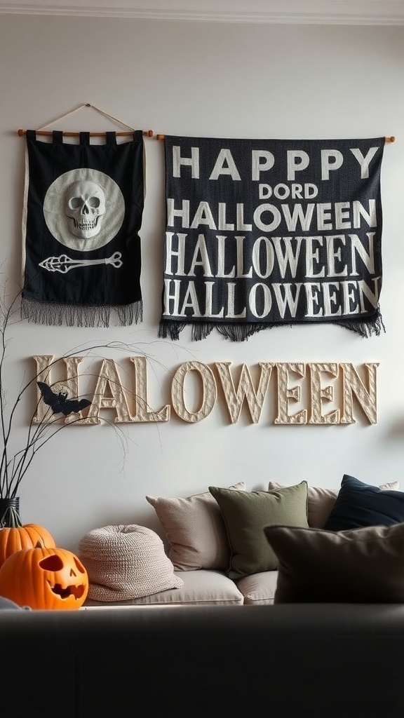Textured wall hangings featuring a skull and 'HAPPY HALLOWEEN' message, with cozy cushions and pumpkins in a living room setting.
