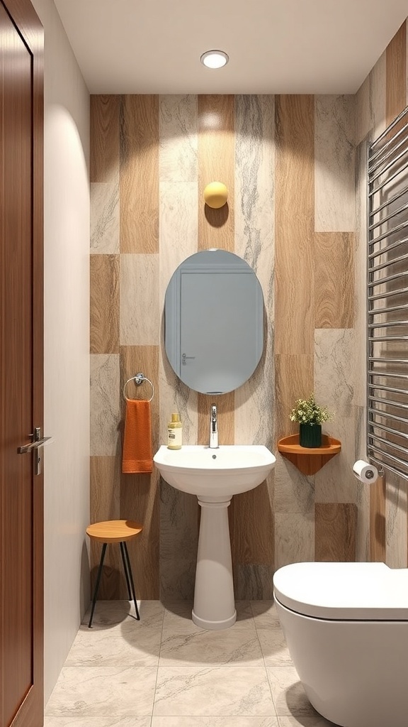 A modern bathroom featuring textured wall treatments with wood and stone panels.