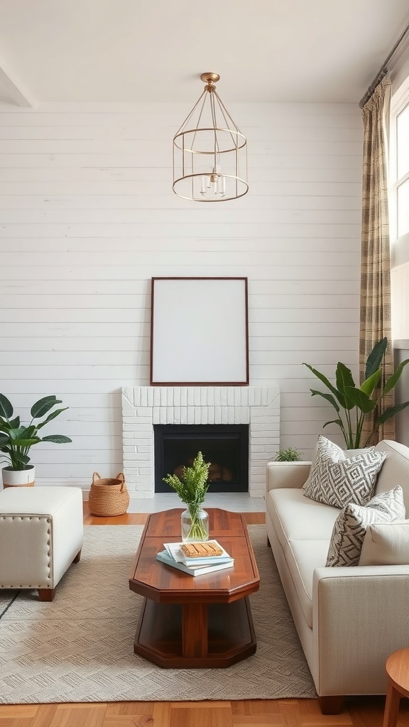 A warm and inviting living room with textured shiplap walls, a cozy fireplace, and stylish furniture.