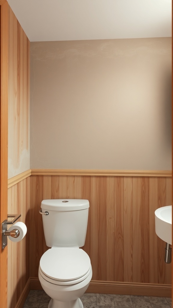 A bathroom featuring wood paneling and neutral walls, showcasing textured wall treatments.