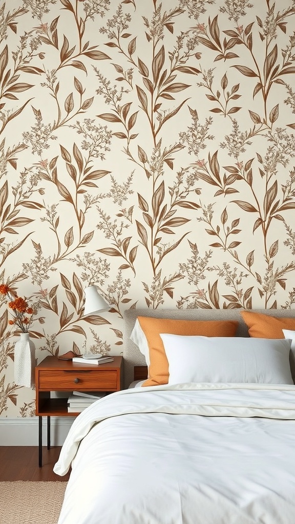 textured floral wallpaper in warm tones on bedroom wall