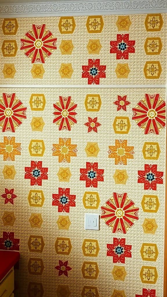 Textured wallpaper featuring bold floral patterns in red, yellow, and blue.