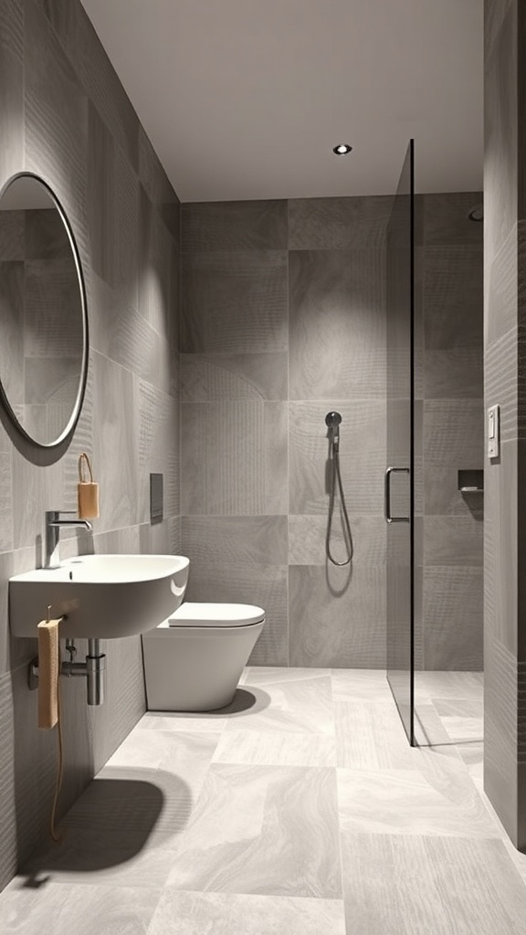 A modern bathroom featuring textured walls and floors with a minimalist design.