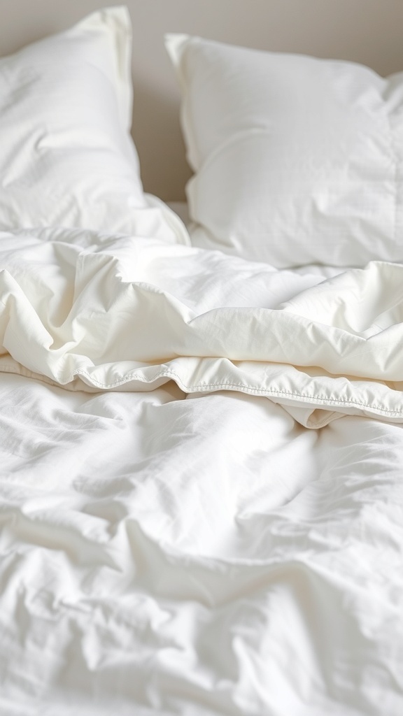 Close-up of soft white bedding with pillows, showcasing texture and comfort.
