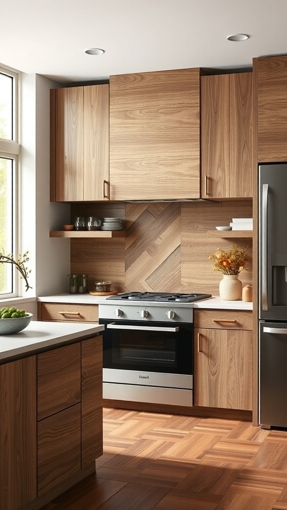 A modern kitchen featuring textured wood accents with herringbone backsplash and warm wood cabinetry.